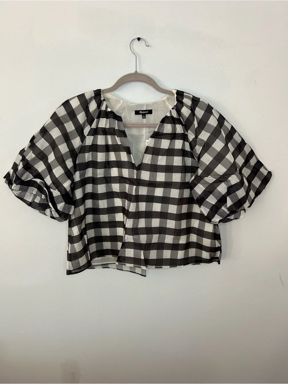 Madewell NWT Gingham Silk Bubble Sleeve Top size O